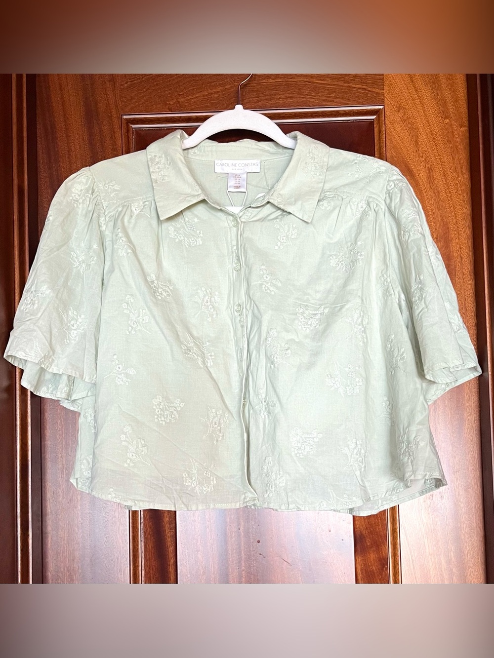 Caroline Constas Sage Green Embroidered Cotton Button up Collared Shirt M Medium